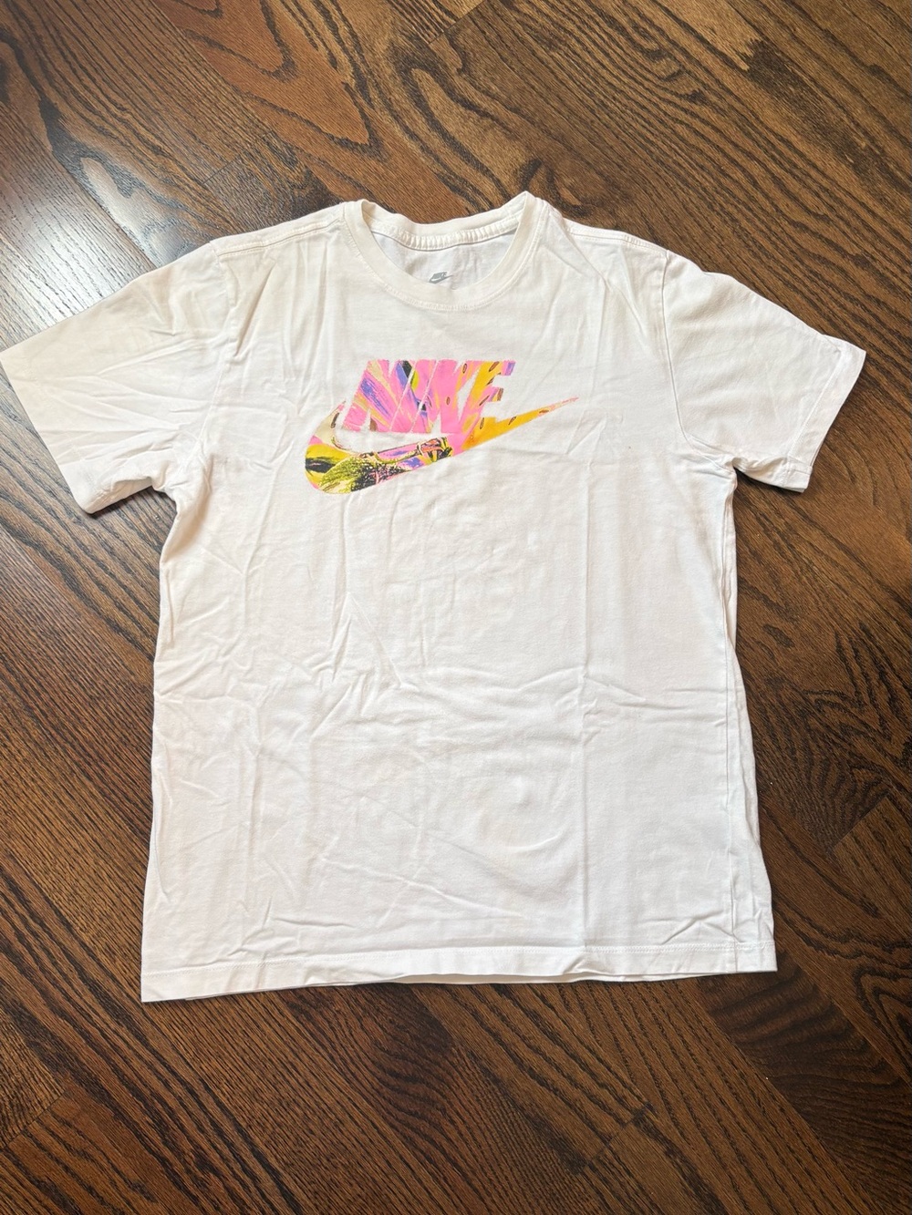 Nike White Tee with Pink, Yellow and Green Swoosh